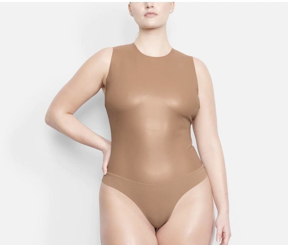 Going Out Preppy Sexy Skims Faux Leather Tan/Nude Scoop Neck Slimming Bodysuit